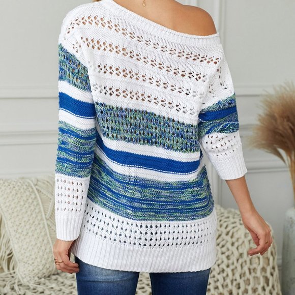 Blue Loose Openwork Round Neck Sweater - Picture 2 of 6